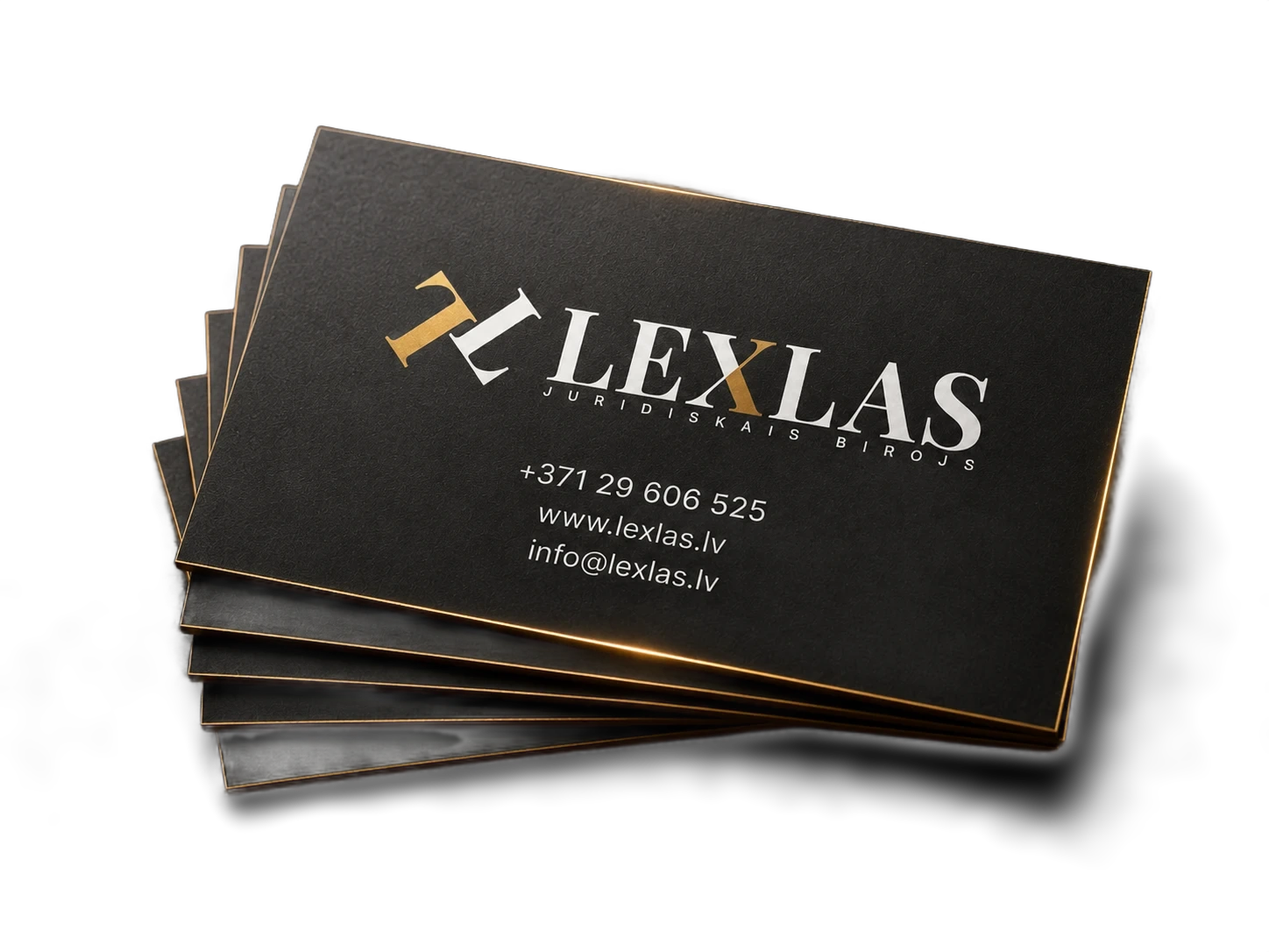 LEXLAS vizītkaršu kaudze uz tumšas matētas virsmas